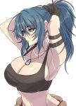  1girl armlet armpits arms_up bangs black_gloves black_tank_top blue_hair breasts cleavage crop_top dog_tags earrings from_side gloves green_eyes hair_between_eyes hair_tie_in_mouth high_ponytail highres jewelry large_breasts leona_heidern midriff mouth_hold necklace pink_lips sideboob sidelocks stomach tank_top the_king_of_fighters toned tying_hair upper_body yoshiikirablr 