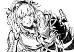  1girl alice_margatroid fingernails frilled_hairband frills greyscale hair_ribbon hairband hand_up looking_at_viewer monochrome ribbon ruukii_drift short_hair simple_background smile solo touhou upper_body waving white_background 