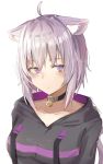  1girl absurdres ahoge animal_ear_fluff animal_ears black_choker black_hoodie blush breasts cat_ears cat_tail choker closed_mouth commentary dogxfish eyebrows_visible_through_hair hair_between_eyes highres hololive hood hoodie large_breasts lavender_hair looking_at_viewer nekomata_okayu pink_eyes short_hair simple_background solo tail upper_body virtual_youtuber white_background 