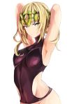  1girl absurdres armpits arms_behind_head arms_up bangs bare_shoulders black_shirt blonde_hair blue_eyes breasts closed_mouth covered_navel diadem fate/grand_order fate_(series) highres looking_at_viewer medium_breasts medium_hair pollux_(fate/grand_order) sh22 shirt simple_background skin_tight sleeveless sleeveless_shirt solo white_background 