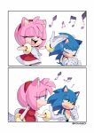  2020 amy_rose annoyed anthro blue_body blue_fur bodily_fluids clothing comic cringing dress duo eulipotyphlan eyes_closed female fur gloves green_eyes grin half-closed_eyes handwear hedgehog hi_res kohane01 looking_at_another male mammal musical_note narrowed_eyes open_mouth pink_body pink_fur red_clothing red_dress scratching_head shaking simple_background singing smile sonic_the_hedgehog sonic_the_hedgehog_(series) sweat sweatdrop twitter_username white_background 