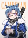  1girl animal_ears arknights bangs blue_hair blue_jacket blush closed_mouth coffee_cup commentary_request cup disposable_cup eyebrows_visible_through_hair fang_(arknights) glasses grey_background highres holding holding_cup jacket long_hair long_sleeves looking_at_viewer plaid plaid_scarf profnote purple_eyes scarf semi-rimless_eyewear smile solo under-rim_eyewear upper_body 