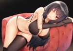  1girl asymmetrical_legwear black_bra black_gloves black_hair black_legwear black_panties bra breasts couch gloves hair_ribbon highres isokaze_(kantai_collection) kantai_collection kitsune_udon_(ai_br) kneehighs large_breasts long_hair navel on_couch one_eye_closed panties red_eyes ribbon single_kneehigh single_thighhigh smirk solo thighhighs tress_ribbon underwear underwear_only 