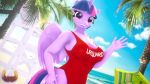  16:9 3d_(artwork) 4k absurd_res anthro beach big_breasts breasts clothing digital_media_(artwork) equid female friendship_is_magic hand_on_hip hi_res horn lifeguard loveslove mammal my_little_pony one-piece_swimsuit outside palm_tree seaside smile solo swimwear tree twilight_sparkle_(mlp) umbrella widescreen winged_unicorn wings 