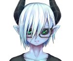  1girl black_horns black_sclera black_shirt blue_skin demon_girl demon_horn demon_horns glasses green_eyes highres horns juugoya_(zyugoya) light_smile musuko_ga_kawaikute_shikatanai_mazoku_no_hahaoya parted_lips shirt short_hair smile teresa_(musuko_ga_kawaikute_shikatanai_mazoku_no_hahaoya) white_hair 