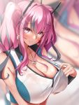  1girl azur_lane bangs bare_shoulders black_bra bow bra breast_hold breasts bremerton_(azur_lane) bremerton_(scorching-hot_training)_(azur_lane) collarbone commentary_request crop_top crop_top_overhang eyebrows_visible_through_hair grey_hair hair_between_eyes hair_bow hair_ornament hairclip heart heart_necklace highres large_breasts light_smile long_hair looking_at_viewer midoriiro_no_shinzou mole mole_under_eye multicolored_hair pink_hair pink_lips pulled_by_self see-through streaked_hair sweat twintails two-tone_hair two-tone_shirt underwear upper_body x_hair_ornament 
