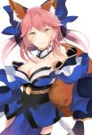  1girl animal_ear_fluff animal_ears artist_request blue_kimono blue_ribbon blush breasts cleavage commentary commentary_request eyebrows_visible_through_hair fate/extella fate/extra fate/extra_ccc fate/grand_order fate_(series) fox_ears fox_girl fox_tail hair_ribbon japanese_clothes kimono large_breasts light_smile looking_at_viewer pink_hair ribbon simple_background solo tail tamamo_(fate)_(all) tamamo_no_mae_(fate) white_background yellow_eyes 