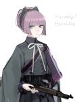  1girl bangs blue_eyes blunt_bangs blunt_ends carcano_m91/38_(girls_frontline) cropped_jacket girls_frontline green_jacket gun hair_bun holding holding_weapon jacket long_sleeves looking_at_viewer parted_lips purple_hair rampart1028 ribbon rifle short_hair simple_background solo weapon white_background white_neckwear 