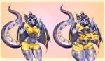 absurd_res anthro breast_expansion breasts clothing dragon expansion exposed_breasts felicer genitals herm hi_res horn intersex scales scalie simple_background solo thick_thighs thigh_expansion torn_clothing vi wings 