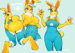  2020 animal_crossing anthro anus bebebebebe breasts butt clothed clothing easter easter_egg female freckles fur genitals green_eyes hi_res holidays lagomorph looking_at_viewer looking_back mammal nintendo nipples overalls partially_clothed presenting presenting_hindquarters pussy simple_background smile solo teeth video_games yellow_body yellow_fur zipper_t._bunny 