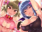  2girls animal_ears arm_up armlet armpits bangs bare_shoulders bell blue_hair blush bow breasts cat_cutout cat_ears cat_tail cleavage cleavage_cutout demon_horns demon_wings doskoinpo dress fake_animal_ears fang green_hair hair_bow heart heart-shaped_pupils highres horns jingle_bell large_breasts looking_at_viewer multiple_girls naughty_face navel original red_eyes red_neckwear skindentation smile symbol-shaped_pupils tail tongue tongue_out upper_body wings 