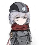  1girl closed_mouth coat facial_mark girls_frontline grey_coat grey_eyes grey_hair looking_at_viewer mp-446_viking_(girls_frontline) rampart1028 red_scarf scarf short_hair simple_background solo upper_body white_background 