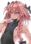  1boy astolfo_(fate) bare_shoulders bow braid eyebrows_visible_through_hair fang fang_out fate/apocrypha fate_(series) hair_between_eyes hair_bow highres long_hair looking_at_viewer male_focus nipples non_(nonzile) otoko_no_ko pink_hair purple_eyes simple_background smile solo white_background 