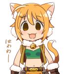  1girl :3 :d ahoge animal_ear_fluff animal_ears bell belt blonde_hair brown_belt brown_gloves brown_vest cat_ears cat_girl cat_tail crop_top earmuffs empty_eyes eyebrows_visible_through_hair fur-trimmed_gloves fur_collar fur_trim gloves green_panties hair_ornament hairclip harusaki_hiyori highleg highleg_panties jingle_bell looking_at_viewer motion_lines navel no_nose open_clothes open_mouth open_vest orange_eyes panties princess_connect! princess_connect!_re:dive short_hair simple_background smile solo tail tail_raised underwear vest white_background youhei_64d 