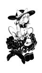  1girl blush bow character_request closed_mouth collared_shirt full_body greyscale hat hat_bow high_heels highres holding jumping layered_skirt long_sleeves looking_at_viewer monochrome ruukii_drift shirt short_hair skirt smile solo thighhighs third_eye touhou 
