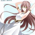  1girl adele_(fate) armpits bangs bare_shoulders blue_background blush breasts brown_hair collarbone commentary_request covered_collarbone dated dress eyebrows_visible_through_hair fate/grand_order fate_(series) green_eyes hair_between_eyes hebitsukai-san highres looking_at_viewer medium_breasts parted_lips sleeveless sleeveless_dress solo twitter_username two-tone_background white_background white_dress 