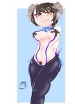  2020 breasts brown_hair camel_toe cev chibi clothed clothing demon female genitals hair hi_res horn horned_humanoid humanoid looking_at_viewer low-angle_view markings pasties pussy radio ribbons rubber short_hair simple_background skimpy smile solo yellow_eyes 