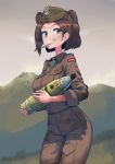  1girl absurdres animal_ears breasts brown_eyes brown_hair cigarette dirty_face english_commentary erica_(naze1940) hat highres military mountain original outdoors short_hair smile solo world_war_ii 