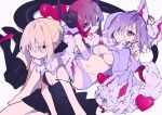  3girls artoria_pendragon_(all) bangs blonde_hair blue_eyes breasts curled_horns dragon_girl dragon_tail elizabeth_bathory_(fate) elizabeth_bathory_(fate)_(all) fate/extra fate/extra_ccc fate/grand_order fate/stay_night fate_(series) fou_(fate/grand_order) hair_over_one_eye highres horns large_breasts long_hair long_sleeves looking_at_viewer lying mash_kyrielight medium_breasts mochizuki_kei multiple_girls navel on_back on_stomach pink_hair pointy_ears purple_eyes purple_hair saber_alter short_hair simple_background sitting small_breasts tail thighhighs yellow_eyes 