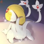  2020 absurd_res anus blush eyes_closed female genitals hi_res legendary_pok&eacute;mon multi_tail nintendo nude pok&eacute;mon pok&eacute;mon_(species) pussy simple_background solo uxie vcrow_shuu video_games 