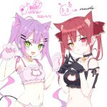  2girls animal_ears bangs banned_artist bell bell_choker bell_collar black_bra blush bra breasts cat_cutout cat_ear_panties cat_ears cat_lingerie choker cleavage_cutout collaboration collar demon_tail frilled_bra frills green_eyes hair_ornament hairclip heterochromia highres hololive houshou_marine houshou_marine_(artist) jingle_bell lingerie long_hair looking_at_viewer meme_attire multiple_girls open_mouth panties purple_hair red_eyes red_hair rurudo simple_background smile tail tokoyami_towa twintails underwear underwear_only virtual_youtuber yellow_eyes 