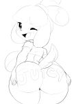  animal_crossing anthro big_breasts big_butt breasts butt canid canine canis domestic_dog female hi_res holding_butt huge_breasts huge_butt isabelle_(animal_crossing) looking_back mammal monochrome nintendo one_eye_closed rear_view solo text thecon thick_thighs video_games wink 