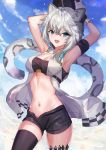  1girl :d animal_ears arknights armband armpits arms_up bandeau bangs bare_arms bare_shoulders black_legwear black_shorts blue_eyes blue_sky breasts chinese_commentary cleavage cliffheart_(arknights) cloud commentary_request cowboy_shot day eyebrows_visible_through_hair gejigejier groin hair_between_eyes highres jewelry leopard_ears leopard_tail light_particles looking_at_viewer medium_breasts midriff navel necklace open_mouth outdoors short_hair short_shorts shorts silver_hair single_thighhigh sky sleeveless smile solo stomach strapless tail thighhighs thighs tubetop 