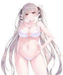  1girl absurdres azur_lane bare_arms bare_shoulders bikini bow breasts cleavage collarbone cowboy_shot earrings formidable_(azur_lane) grey_hair groin hair_bow hand_on_hip highres jewelry large_breasts liaowen long_hair looking_at_viewer navel red_eyes simple_background skindentation smile solo stomach string_bikini swimsuit thighs twintails very_long_hair white_background white_bikini 