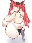  aka8mori azur_lane bangs black_sailor_collar breasts bursting_breasts cleavage covered_nipples eyebrows_visible_through_hair garter_straps gloves hand_on_own_chest hat honolulu_(azur_lane) large_breasts peaked_cap pregnant red_eyes red_hair sailor_collar shirt tight tight_shirt twintails 