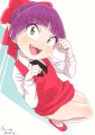  1girl bow dress gegege_no_kitarou hair_bow looking_at_viewer mizu_kane nekomusume open_mouth pointy_ears purple_hair red_bow red_dress short_hair smile solo yellow_eyes 