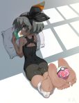  1girl absurdres ass back barefoot bodysuit cameltoe dark_skin doubutsu_no_mori feet full_body gd._fengzi grey_hair hair_ornament highres lying nintendo_switch on_stomach pillow playing_games pokemon pokemon_(game) pokemon_swsh saitou_(pokemon) short_hair soles solo toes 