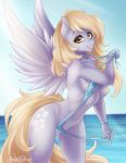  anthro bikini blonde_hair breasts bunnywhiskerz clothing derpy_hooves_(mlp) equid equine female friendship_is_magic hair hi_res looking_at_viewer mammal my_little_pony nipples open_mouth pterippus sea sling_bikini solo swimwear undressing water wide_hips wings 