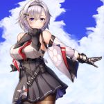  1girl anchor azur_lane bare_shoulders black_hairband black_pantyhose black_skirt blue_sky blush breasts buran_(22x) cloud commentary day eagle_union_(emblem) grey_hair hair_between_eyes hair_ornament hairband hairclip high-waist_skirt highres large_breasts looking_at_viewer metal_gloves pantyhose pleated_skirt purple_eyes purple_sash reno_(azur_lane) sash see-through shirt short_hair skirt sky sleeveless smile solo star_(symbol) star_print underboob 