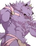  4:5 abs anthro armor bathym canid canine canis clothing crotch_tuft demon fur horn jockstrap leather male mammal muscular muscular_male pauldron pecs pepsi_man purple_body purple_fur shushing solo tokyo_afterschool_summoners tuft unconvincing_armor underwear video_games wolf 