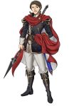  1boy absurdres belt boots brown_eyes brown_hair commentary ebinku facial_hair fire_emblem fire_emblem:_genealogy_of_the_holy_war hand_on_hip highres lance male_focus mustache oifey_(fire_emblem) open_mouth pants polearm serious shoulder_armor solo standing sword weapon white_background 