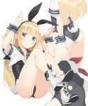  1girl animal_ears arms_behind_back ass bangs black_leotard blonde_hair blue_eyes blush boots bunny_ears bunny_girl bunny_tail bunnysuit character_request copyright_request eyebrows_visible_through_hair fake_animal_ears fake_tail fanbox_reward highres leotard long_hair looking_at_viewer multiple_views open_mouth paid_reward peko sailor_collar short_sleeves sitting solo standing tail thighs two_side_up wrist_cuffs 