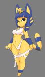  absurd_res animal_crossing ankha_(animal_crossing) anthro bandage blue_hair breasts butt clothed clothing digital_media_(artwork) domestic_cat egyptian felid feline felis female fur hair hi_res humanoid legwear looking_at_viewer mammal nintendo simple_background solo thick_thighs video_games yellow_body yellow_fur zzvinniezz 