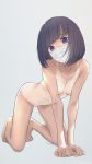  1girl akagi_(fmttps) all_fours black_hair bob_cut commentary highres looking_at_viewer mask mouth_mask nude one-piece_tan original purple_eyes short_hair simple_background solo surgical_mask tan tanline 