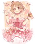  1girl 7010 :d bare_shoulders blush breasts brown_eyes brown_hair cake choker cleavage commentary_request dress eyebrows_visible_through_hair flower food fork fruit hair_ornament hairband heart idolmaster idolmaster_cinderella_girls large_breasts looking_at_viewer mimura_kanako open_mouth pink_dress pink_hairband plate red_choker short_hair smile solo strawberry thighhighs translation_request white_legwear 