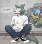  2020 anthro beastars canid canine canis cheek_tuft clothed clothing cross-popping_vein english_text facial_tuft footwear fully_clothed fur graffiti greeting grey_body grey_fur hi_res legoshi_(beastars) male mammal outside shoes sitting solo text tommysamash tuft vein wolf 