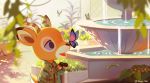  animal_crossing anthro arthropod beau_(animal_crossing) blue_eyes butterfly cervid chibi clothing detailed_background fountain hi_res hooves horn insect lepidopteran lidded_eyes male mammal museum nintendo shrw_bn solo sweater topwear video_games 