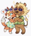  &lt;3 aloha_shirt animal_crossing anthro audie_(animal_crossing) blonde_hair brown_body brown_fur bud_(animal_crossing) canid canine canis chibi duo eyewear facial_hair felid female fur hair hi_res lion male mammal mane nintendo pantherine pink_body pink_fur suizilla sundress sunglasses video_games wolf 