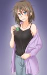  1girl alternate_costume anti_(untea9) black_shirt blue_eyes breasts brown_hair casual commentary_request cowboy_shot cup denim drinking_straw gradient gradient_background hair_ornament hairclip highres holding holding_cup jacket jeans kantai_collection large_breasts looking_at_viewer maya_(kantai_collection) pants purple_jacket shirt short_hair simple_background solo x_hair_ornament 