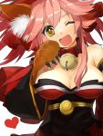  1girl :d animal_ear_fluff animal_ears bare_shoulders bell belt_collar black_sash bow collar detached_sleeves eyebrows_visible_through_hair fangs fate/grand_order fate_(series) fox_ears hair_bow head_tilt heart highres hime_cut japanese_clothes jingle_bell kimono long_sleeves looking_at_viewer neck_bell obi one_eye_closed open_mouth paws pink_hair red_bow red_kimono sash simple_background smile sogawa solo tamamo_(fate)_(all) tamamo_cat_(fate) upper_body yellow_eyes 