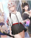  4girls :o :p absurdres ayanami_(azur_lane) azur_lane backpack bag bag_charm black_choker black_hair black_legwear black_serafuku black_shirt black_skirt blonde_hair blue_sailor_collar blue_skirt blush bubble_tea character_doll character_request charm_(object) choker city collared_shirt cup day disposable_cup ear_piercing eyebrows_visible_through_hair eyeshadow grey_hair grey_neckwear hair_between_eyes hair_ornament hairclip headgear highres holding holding_cup holding_sheath horns kinu_(azur_lane) long_sleeves looking_at_viewer makeup miniskirt multiple_girls nail_polish necktie noshiro_(azur_lane) ohisashiburi oni_horns open_mouth outdoors pantyhose piercing pleated_skirt purple_eyes red_nails sailor_collar school_uniform serafuku sheath sheathed shirt short_hair signature skirt sword thighhighs thighs tongue tongue_out v-shaped_eyebrows weapon white_shirt x_hair_ornament yellow_eyes zettai_ryouiki 