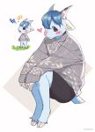  &lt;3 animal_crossing anthro anthrofied blue_body blue_fur blush bottomwear bovid caprine chibi clothing fur goat hi_res hooves horn male mammal nintendo oversized_shirt sherb_(animal_crossing) shorts sitting solo sweater topwear video_games zuekrz 