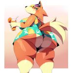  1:1 2020 animal_crossing anthro audie_(animal_crossing) beverage big_breasts big_butt blonde_hair blue_eyes blush bodily_fluids breasts butt canid canine canis clothed clothing curvy_figure dress eyewear female fur green_eyes hair hi_res holding_glass holding_object huge_butt looking_back low-angle_view mammal nintendo orange_body orange_fur orange_juice rear_view smile solo standing sunglasses sweat thick_thighs trinity-fate62 video_games voluptuous wolf 