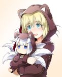  2girls animal_ears animal_hood azur_lane baggy_clothes bataan_(azur_lane) bataan_(comfy_cotton_jammies)_(azur_lane) blonde_hair blue_eyes brown_bodysuit brown_hoodie cat_hood cat_pajamas eyeliner eyeshadow fake_animal_ears fake_whiskers fox_ears fox_girl fox_tail green_eyes hood hooded_pajamas kaga_(azur_lane) makeup multiple_girls multiple_tails pajamas short_hair steed_(steed_enterprise) tail whiskers white_hair 