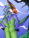  2020 anthro anthrofied beak bird_wyvern butt capcom cloud digital_media_(artwork) feathers female green_body hi_res inget membrane_(anatomy) membranous_wings monster_hunter nude qurupeco red_eyes sky smile solo tree video_games wings 