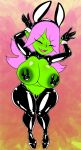  areola big_breasts blush breasts bunny_costume camel_toe clothing costume dart_(thecon) female goblin green_body green_skin hi_res huge_breasts humanoid pasties reverse_bunny_costume rubber solo thecon wide_hips 